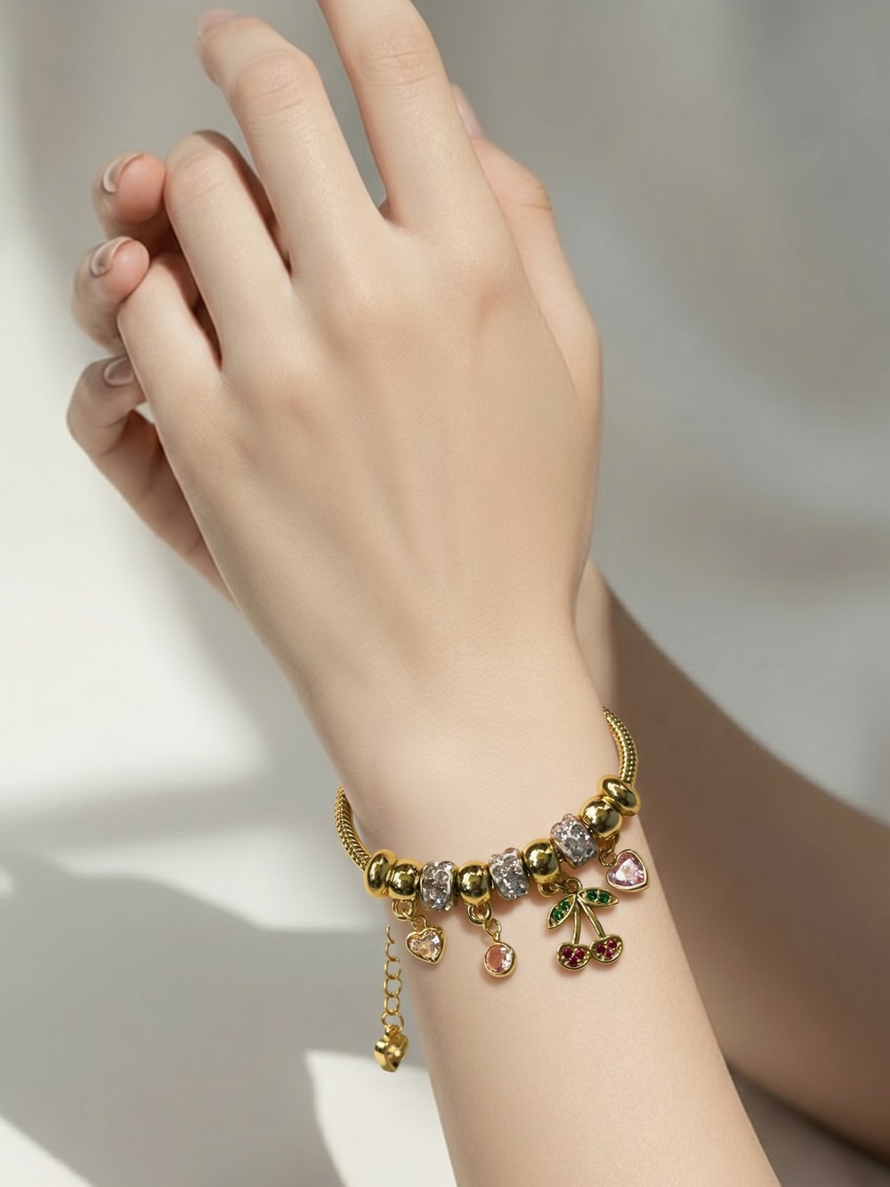 14K over stainless steel Cherry & Heart Charm Bracelet with Crystals